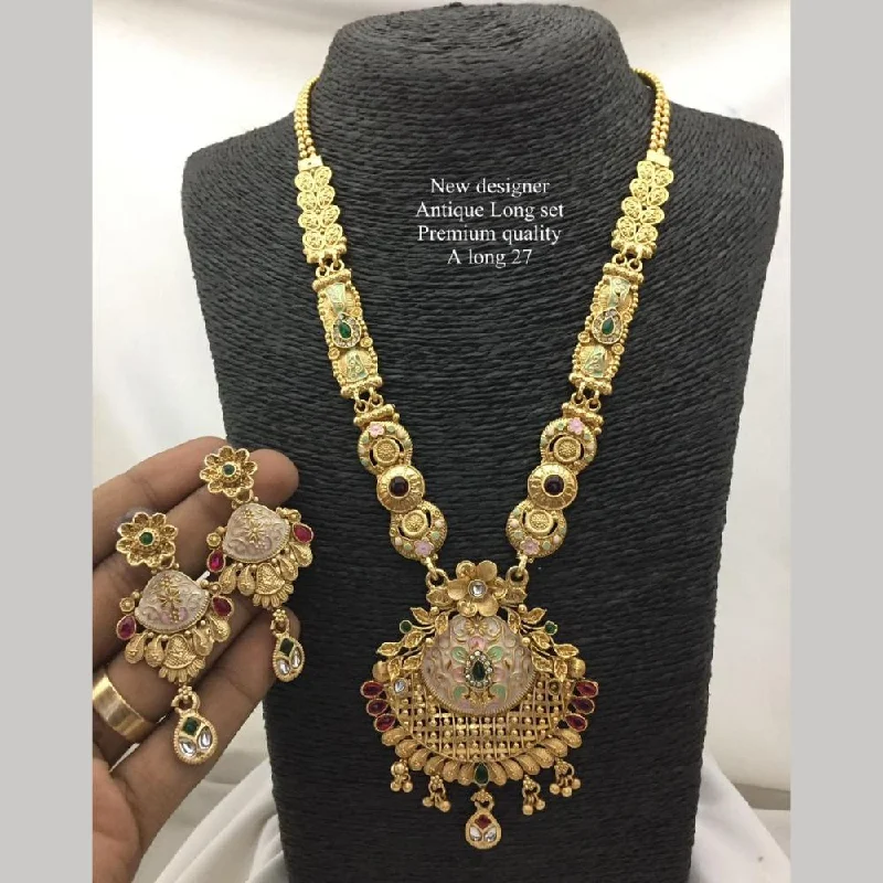 women’s luxury necklaces-FS Collection Antique Gold Plated Pota Stone And Pearls Long Necklace Set