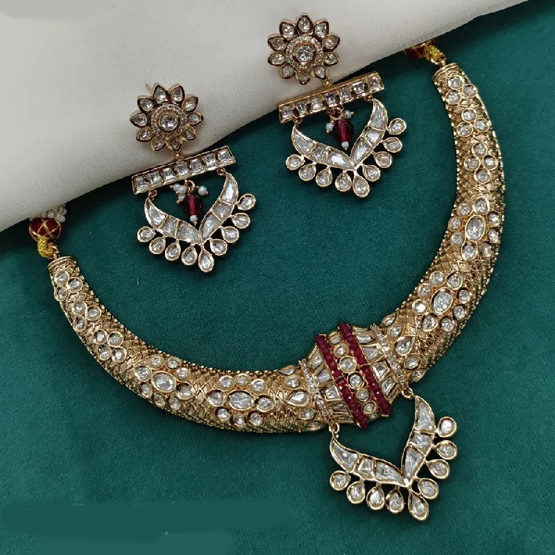 women’s engraved gold necklaces-Royal Kundan Jewellery Gold Plated Polki Kundan Stone Necklace Set