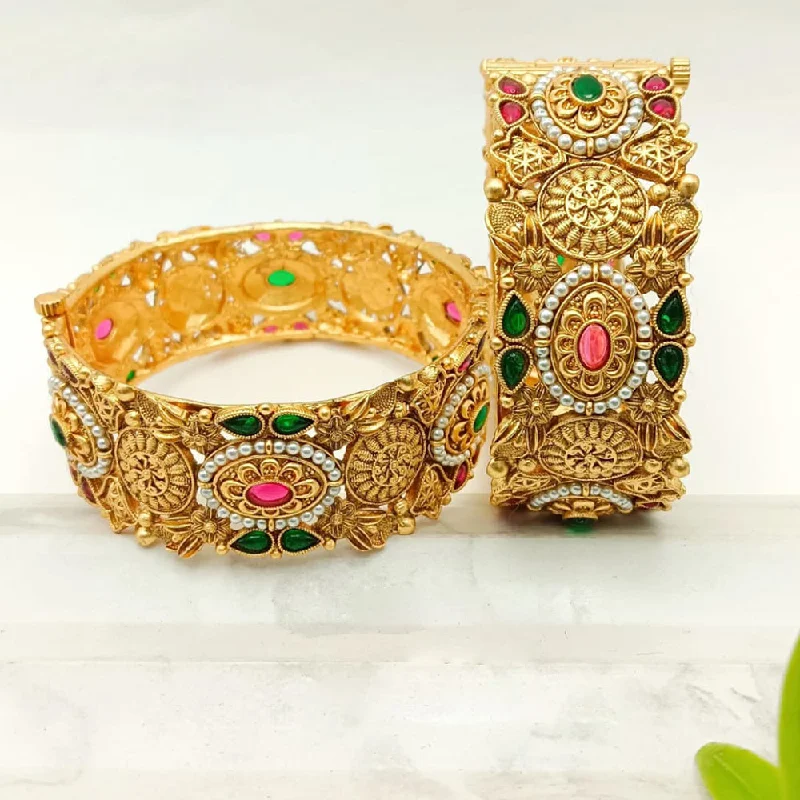 women’s bohemian bracelets-FS Collection Gold Plated Pota Stone And Pearls Openable Bangle Set