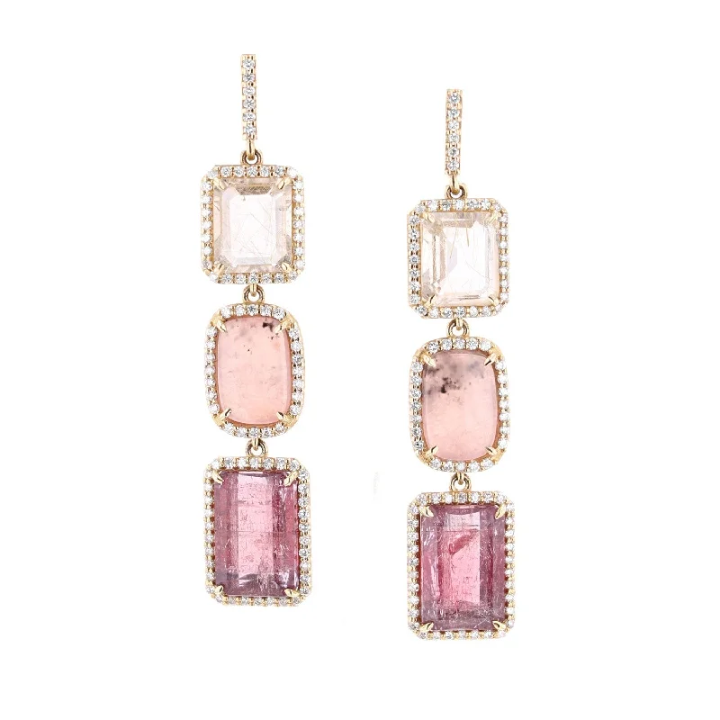 women’s diamond hoop earrings-14k Rutilated Quartz, Watermelon Garnet and Pink Tourmaline Triple Drop Earrings  SEG00028