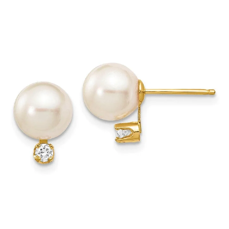 women’s unique earrings-14k 7-8mm White Round Saltwater Akoya Cultured Pearl Diamond Post Earrings