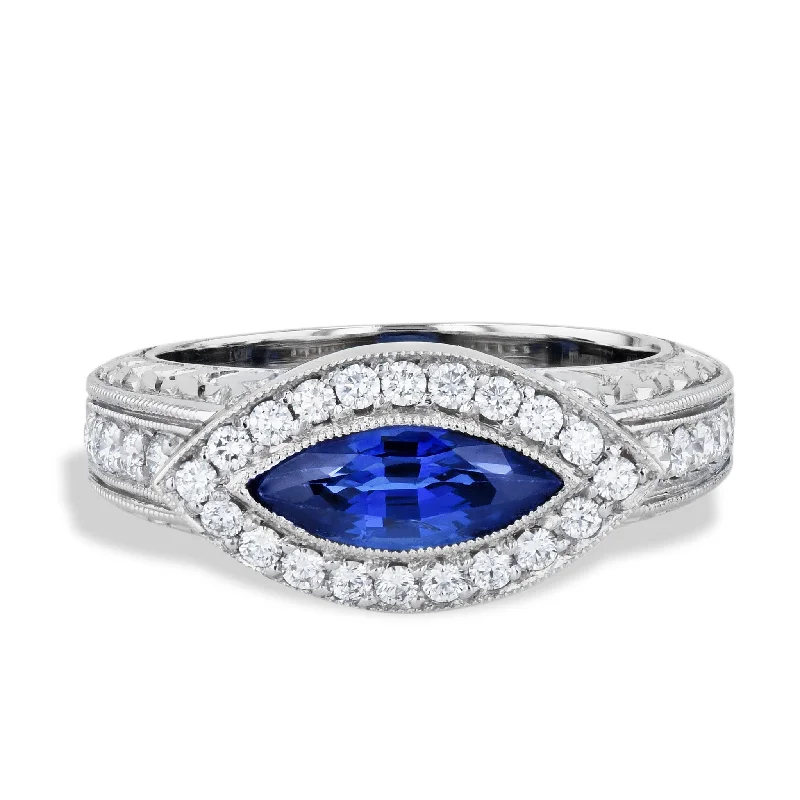 women’s diamond rings-Retro Antique Marquise Blue Sapphire Pave Diamond Platinum Ring