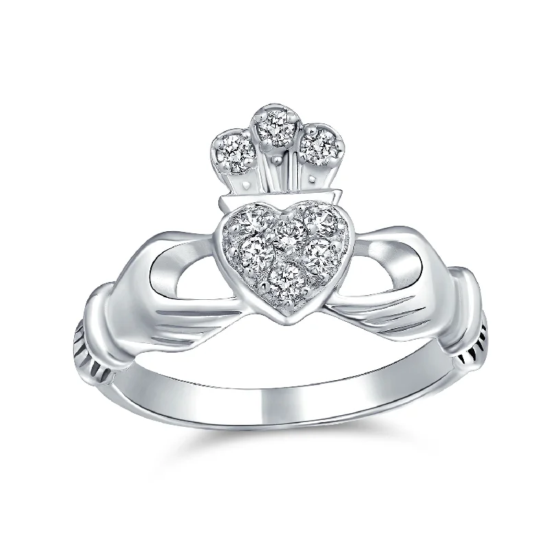 women’s diamond rings-BFF Sorority Sister Cocktail Statement Ring with CZ Pave Heart Claddagh Design