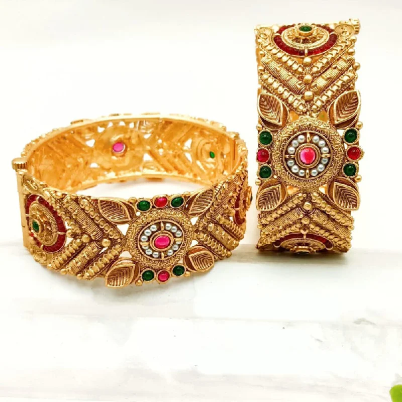 women’s gold bangle bracelets-FS Collection Gold Plated Pota Stone And Pearls Openable Bangle Set