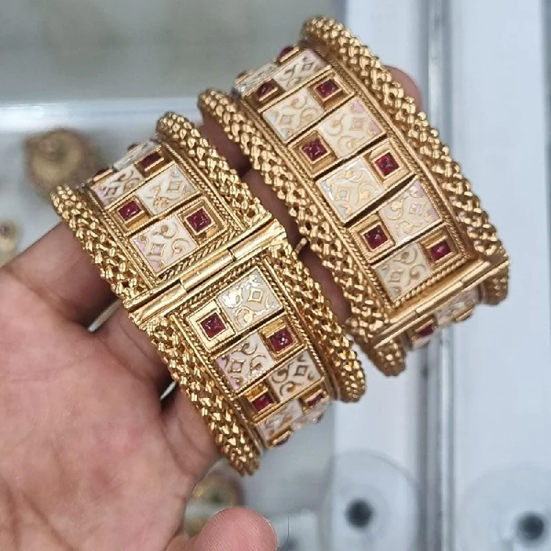 women’s thin bangles-FS Collection Gold Plated Pota Stone Openable Bangle Set