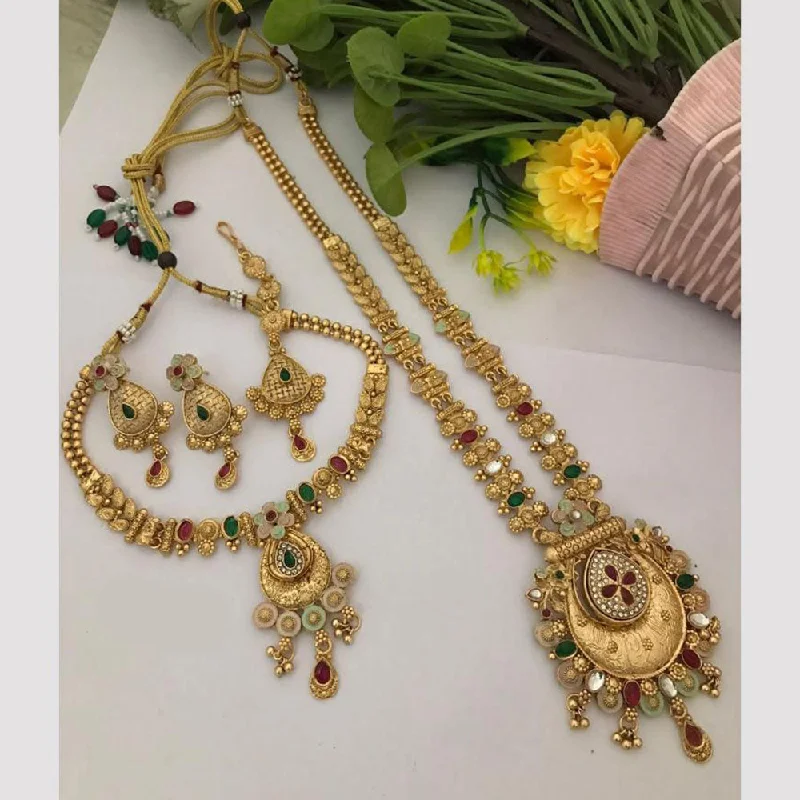 women’s gemstone heart necklaces-FS Collection Gold Plated Pota Stone And Meenakari Double Necklace Set