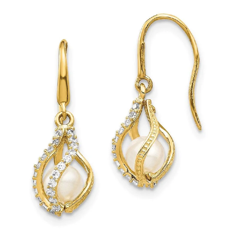 women’s matching earrings-14k White Freshwater Cultured Pearl CZ Cage Dangle Earrings