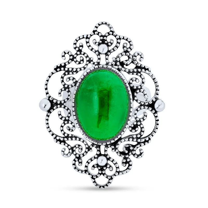 women’s personalized rings-Trendy Vintage Filigree Silver Ring with Green Jade Oval Statement Design