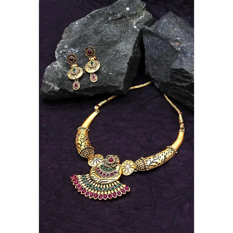 women’s gemstone charm necklaces-Darshana Jewels Gold Plated Pota Stone  Necklace Set