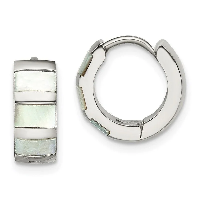 women’s matching earrings-Stainless Steel Polished with Shell Pearl Hinged Hoop Earrings