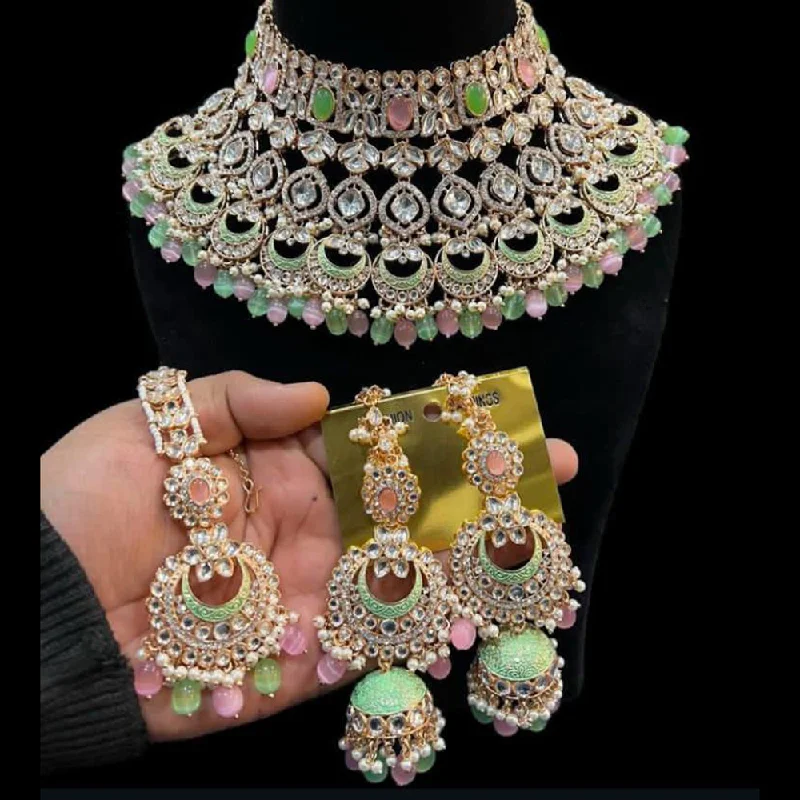 women’s ruby necklaces-Hira Collections Gold Plated Kundan Stone And Pearls Meenakari Choker Necklace Set