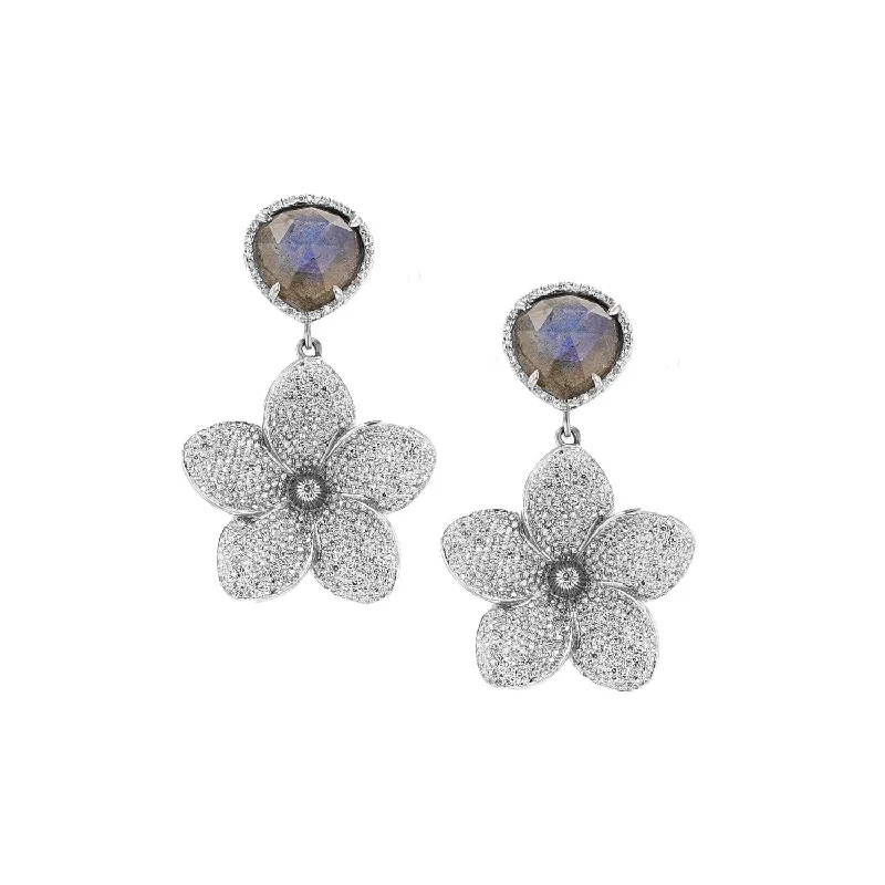 women’s stud earrings-Diamond Plumeria Flower Earrings with Labradorite Posts  E0000113