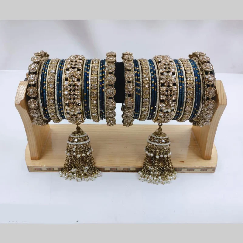 women’s silver bangle bracelets-Pooja Bangles Gold Plated Crystal And Austrian Stone Pearls Bangles Set