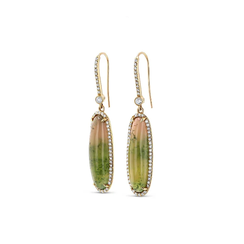 women’s gold statement earrings-14k Bicolor Tourmaline Oval Drop Earrings on Diamond French Hooks  SEG00057