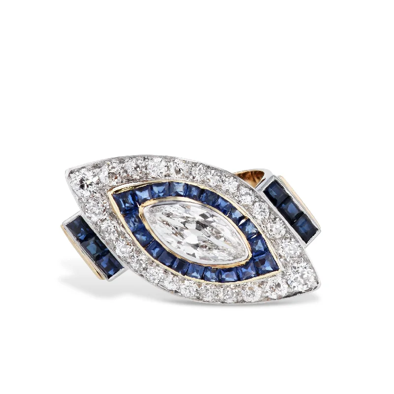 women’s handmade rings-Art Deco Marquise Diamond Sapphire Estate Ring