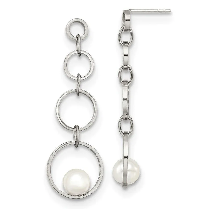 women’s silver stud earrings-Stainless Steel Polished with Simulated Pearl Post Dangle Earrings