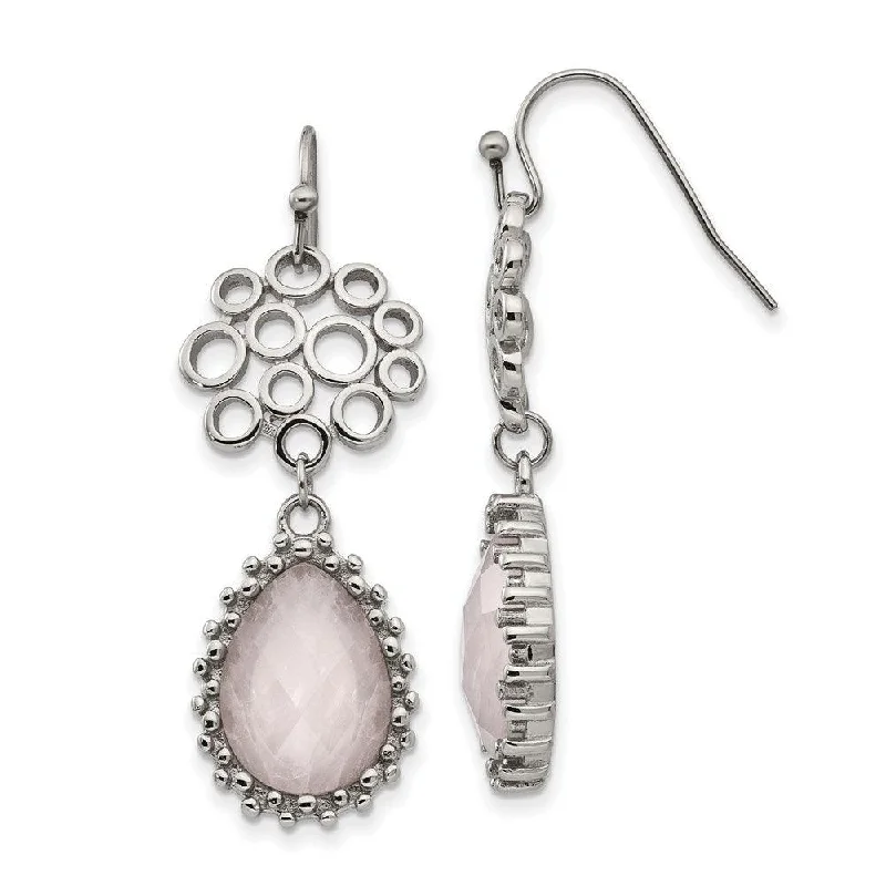 women’s elegant earrings-Stainless Steel Polished Rose Quartz Shepherd Hook Earrings