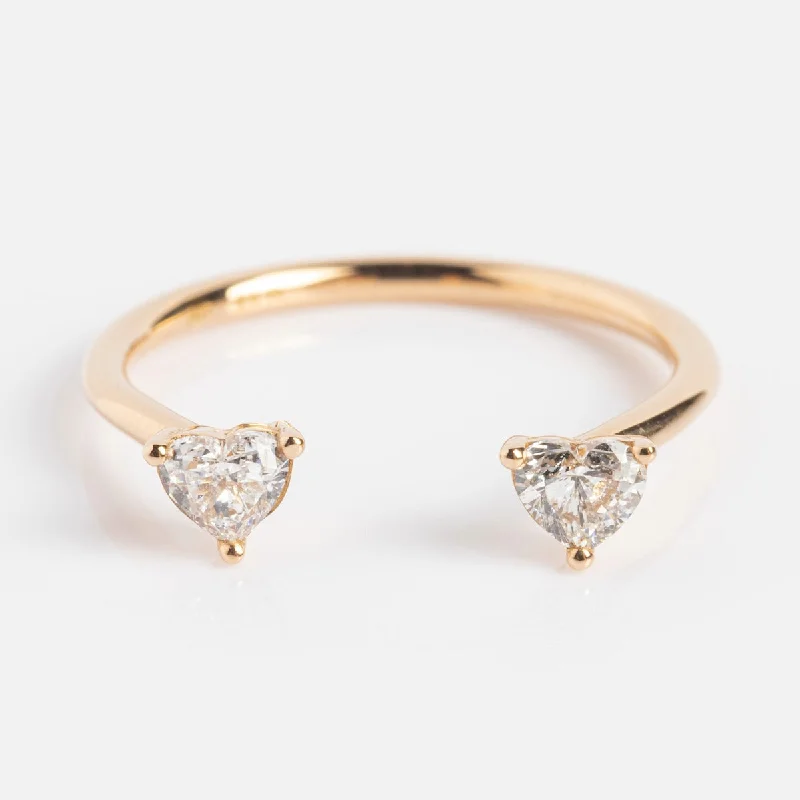 women’s heart rings-Open Wedding Band with Two Diamond Hearts