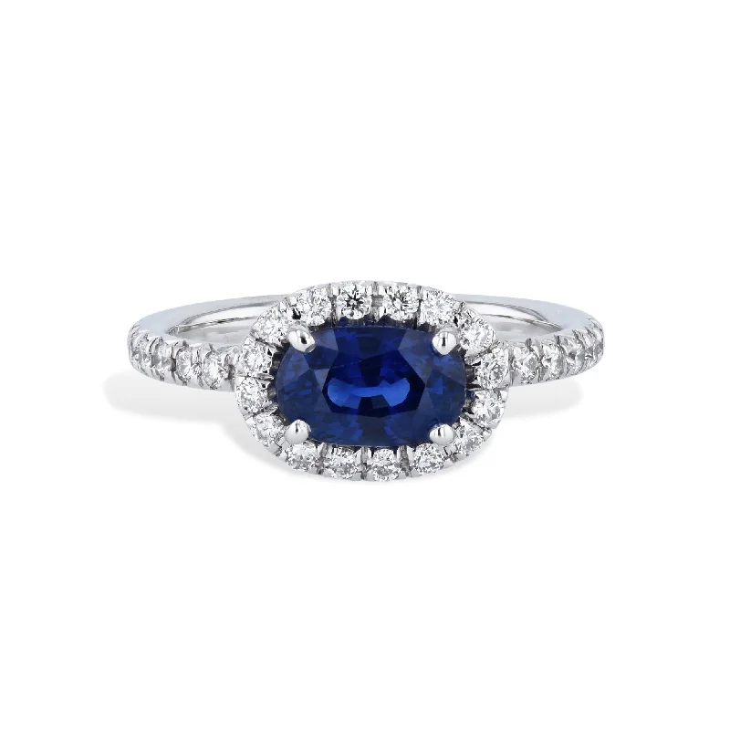 women’s fashion engagement rings-Royal Blue Oval Sapphire Pave Diamond White Gold Ring