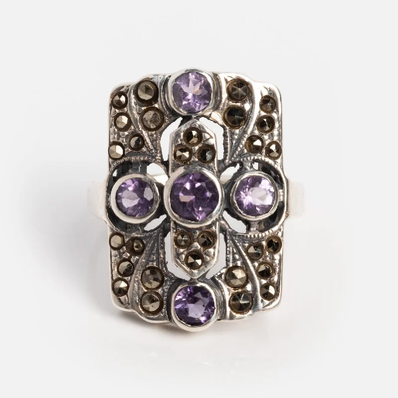 women’s birthstone rings set-Vintage Silver Amethyst Mid Century Art Deco Ring