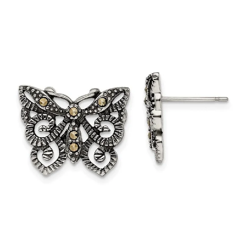 women’s diamond stud earrings-Stainless Steel Butterfly Marcasite Post Earrings