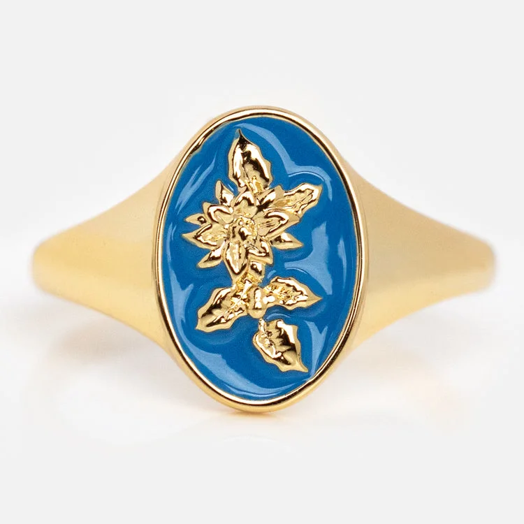 women’s diamond wedding rings-Enamel Birth Flower Signet Ring