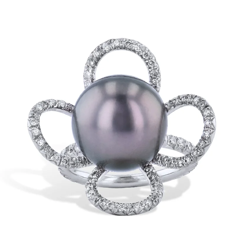 women’s cocktail rings for women-Tahitian Pearl And Diamond Petal Ring