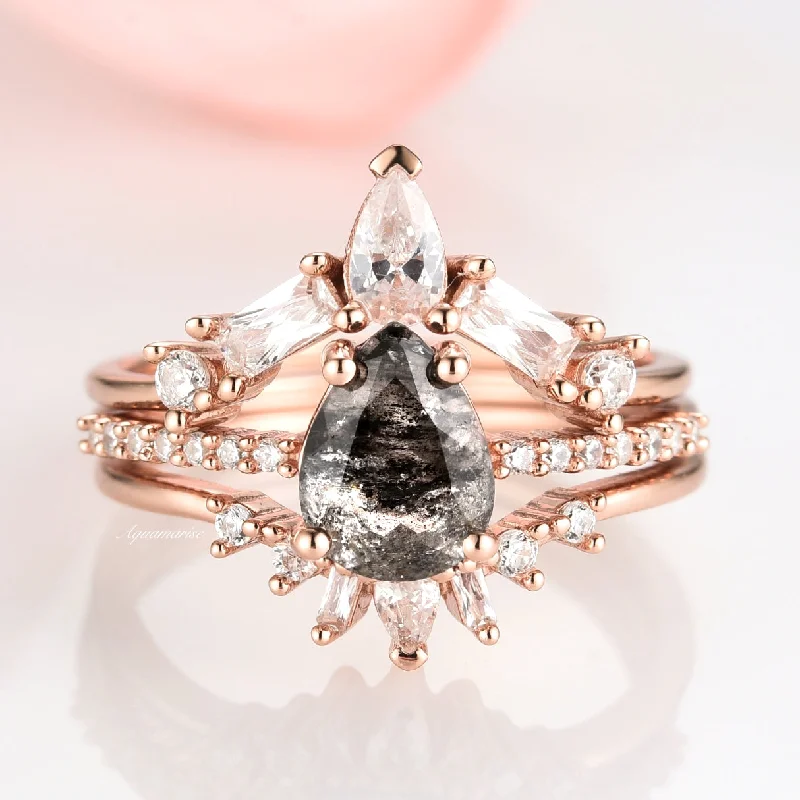 women’s asscher cut engagement rings-Galaxy Raw Salt & Pepper (Herkimer) Diamond Ring Set- 14K Rose Gold Vermeil