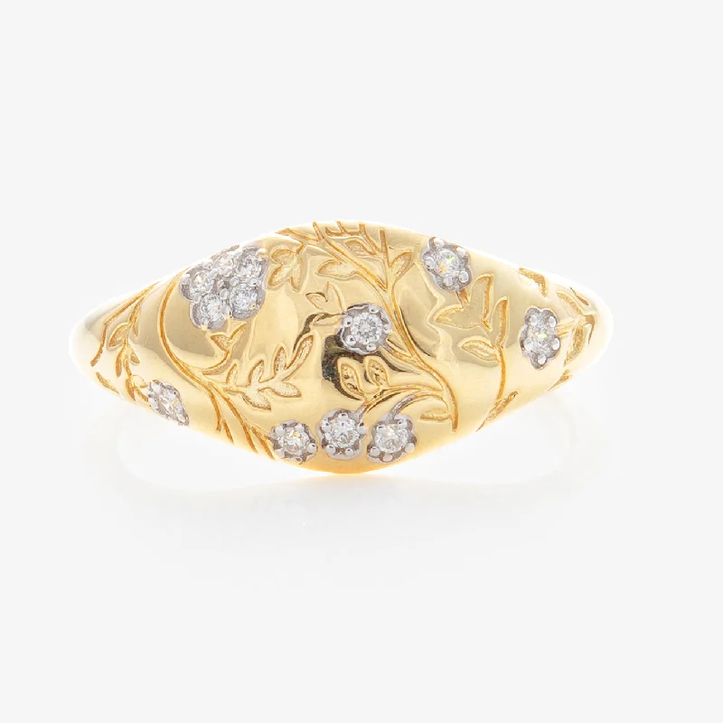 women’s round diamond rings-Solid Gold Floral Etched Diamond Pinky Ring