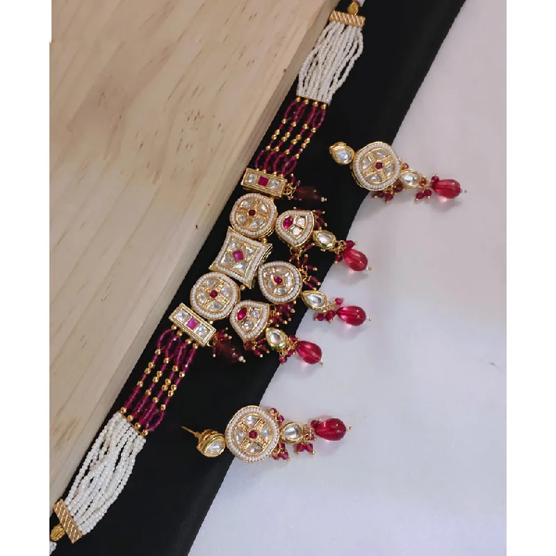 women’s rhinestone necklaces-Akruti Collection Gold Plated Pota Stone And Pearls Choker Necklace Set