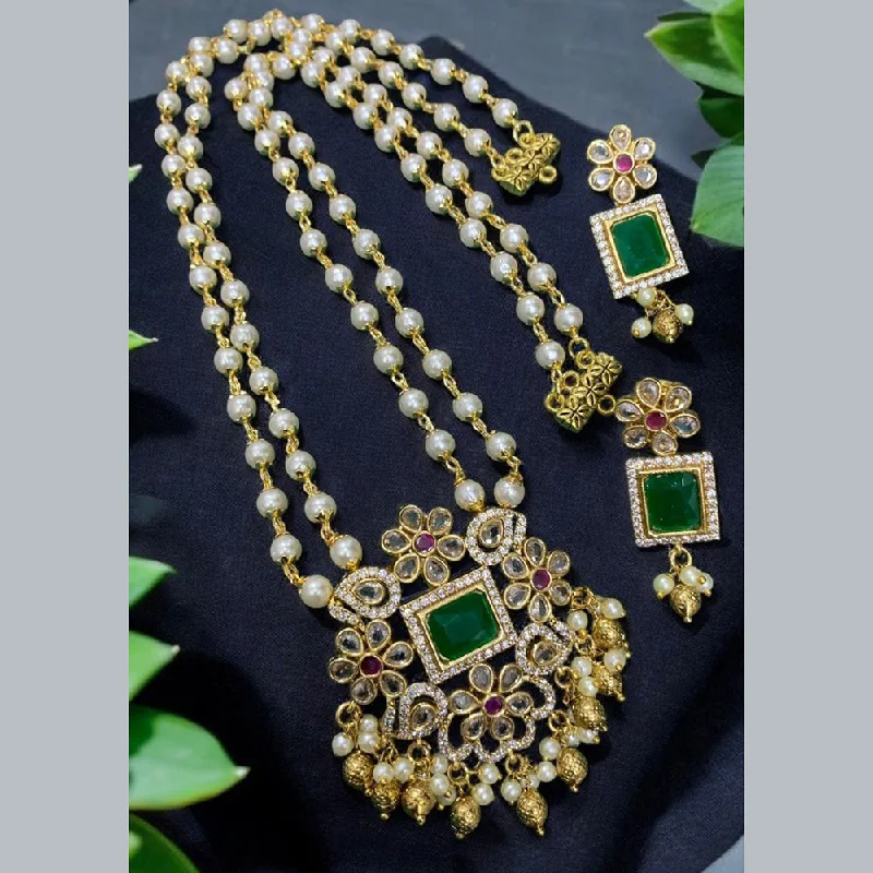 women’s trendy silver necklaces-Sona Creation Gold Plated Crystal Stone And Pearls Long Necklace Set