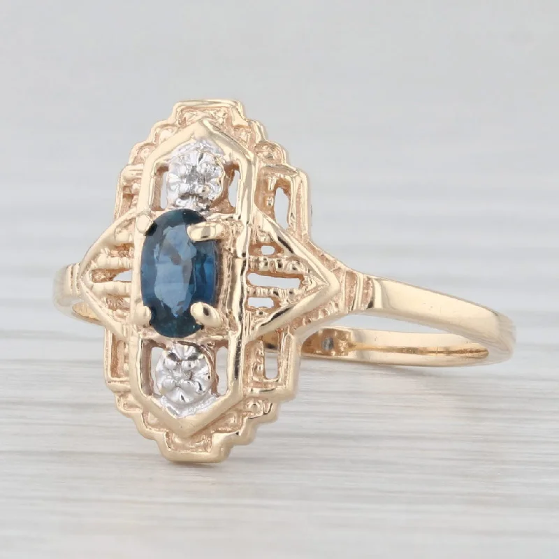 women’s oval diamond engagement rings-Vintage Blue Sapphire Diamond Ring 10k Yellow Gold Size 6.25