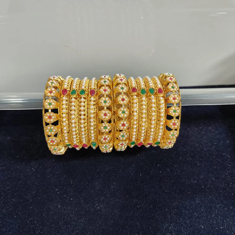 women’s woven bracelets-Pooja Bangles Gold Plated Pearl And Pota Stone Bangle Set