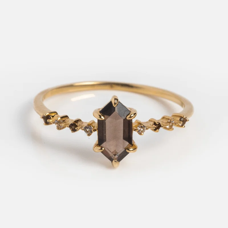 women’s sterling silver rings-Solid Gold Smoky Quartz Hexagon Ring for Courage