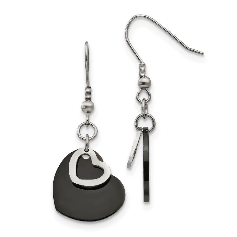 women’s animal-shaped earrings-Stainless Steel Polished Black IP-plated Moveable Heart Earrings