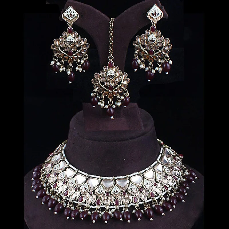 women’s diamond necklaces-Rudraksh Art Gold Plated Kundan Stone And Beads Choker Necklace Set