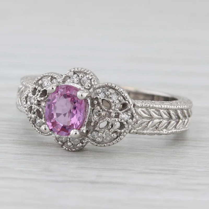 women’s floral engagement rings-0.76ct Pink Sapphire Diamond Ring 10k White Gold Size 7 Wheat Etched Band