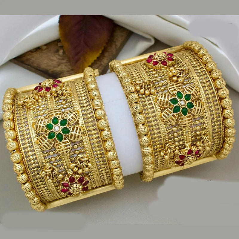 women’s custom-designed bangles-JCM Gold Plated Pota Stone And Pearls Openable Bangles Set