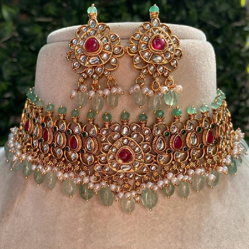 women’s modern necklaces-Shagna Gold Plated Kundan Stone Pearl And Beads Choker Necklace Set