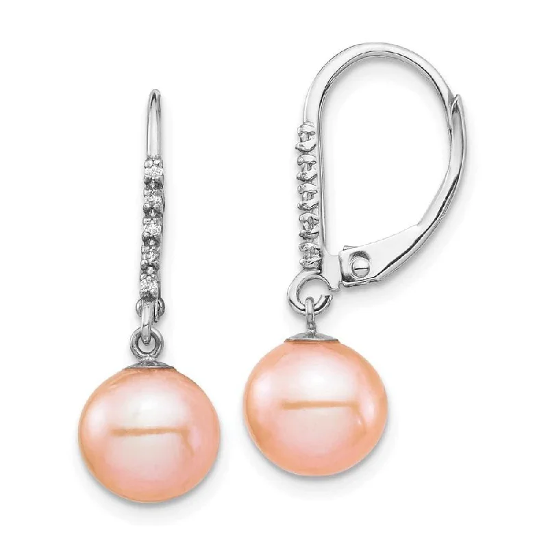 women’s emerald earrings-14k White Gold 8-9mm Pink FWC Pearl .05ct Diamond Leverback Earrings