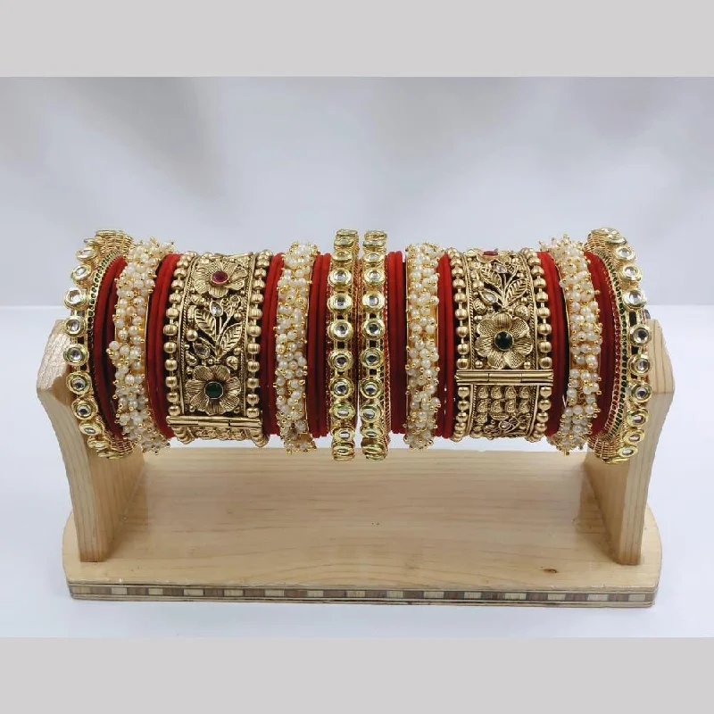 women’s affordable bangles-FS Collections Gold Plated Pota Stone And Pearls Bangles Set