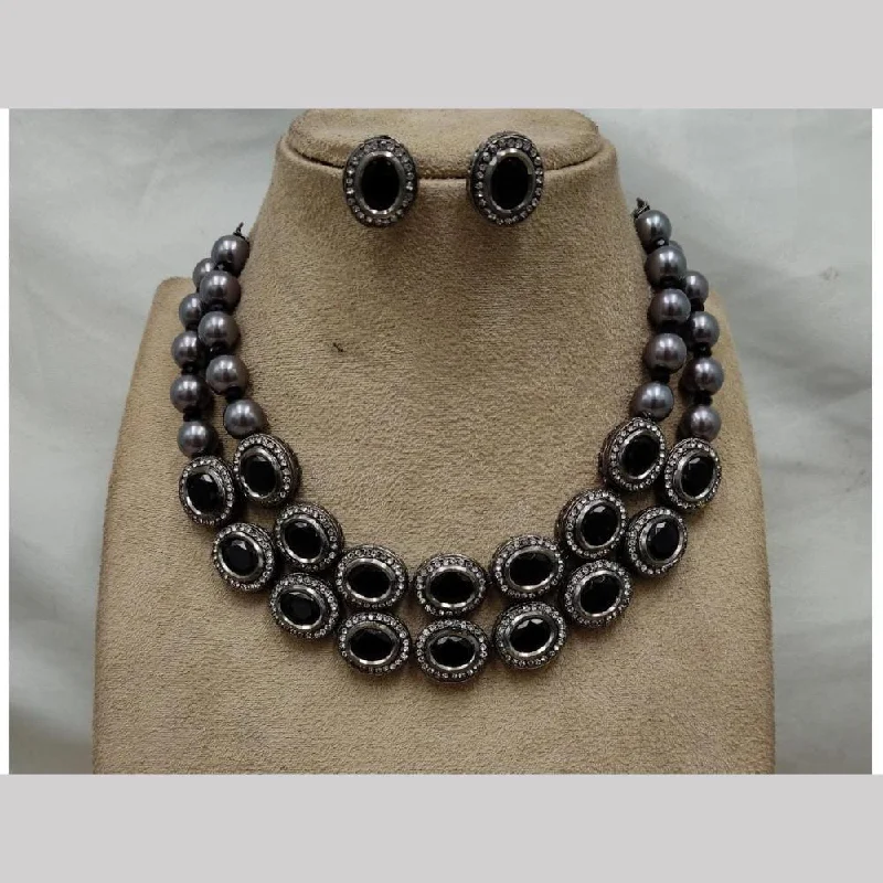 women’s pearl choker necklaces-FS Collection Oxidised Plated Crystal Stone Necklace Set