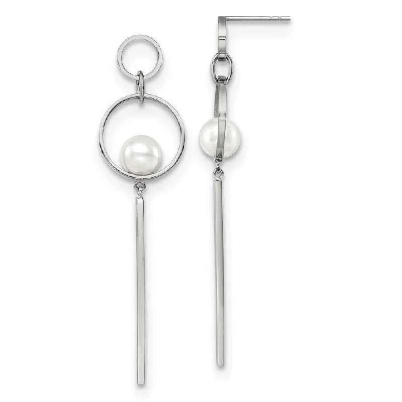 women’s elegant diamond earrings-Stainless Steel Polished with Simulated Pearl Post Dangle Earrings