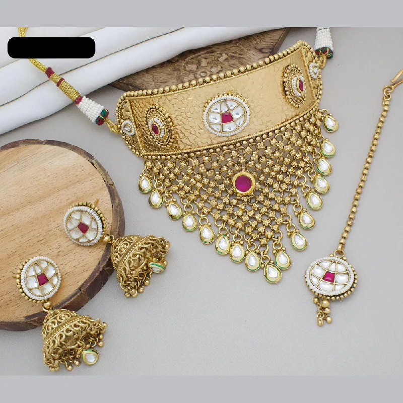 women’s initial pendant necklaces-India Art Gold Plated Pota Stone And Beads Choker Necklace Set