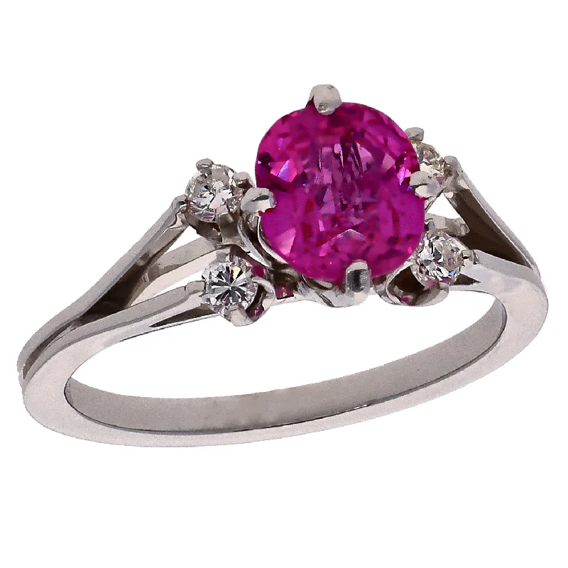 women’s bridal engagement ring sets-18K White Gold Oval Pink Sapphire & Diamond Ring