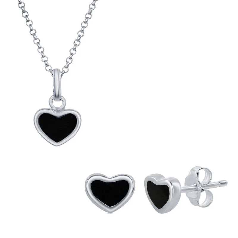 women’s hoop earrings-Classic Women's Pendant and Earrings Set - Sterling Silver Onyx Heart | SET-399