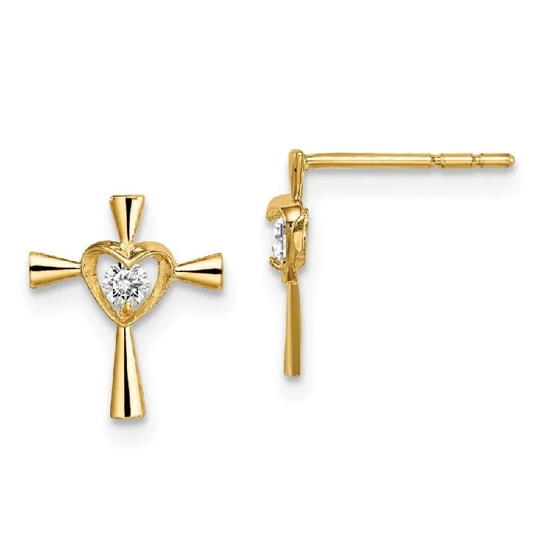 women’s fine gold earrings-Madi K Kid's 14k  CZ Cross with Heart Post Earrings