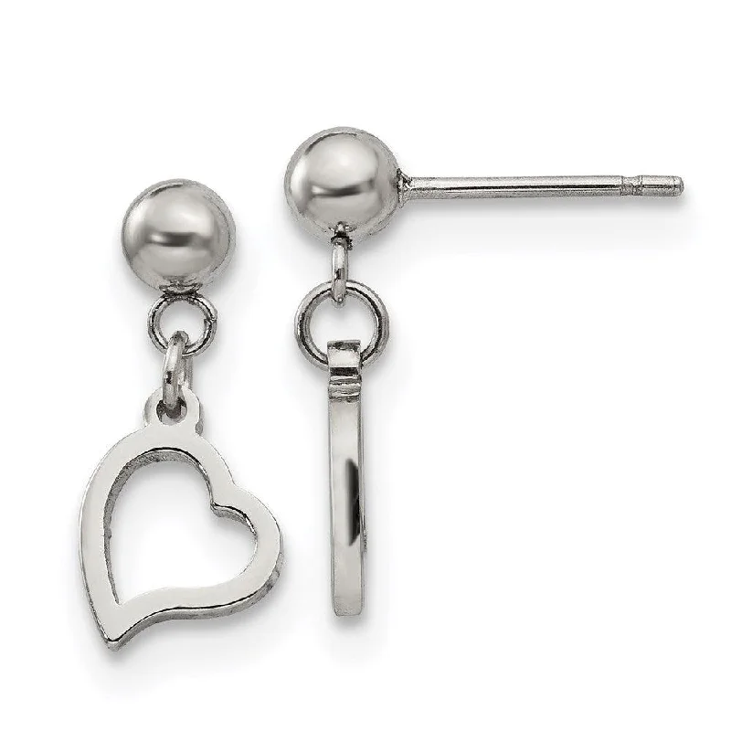 women’s large statement earrings-Stainless Steel 5 mm Ball Post Heart Dangle Earrings