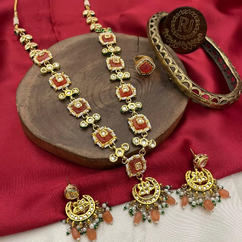 women’s luxury diamond necklaces-FS Collection Gold Plated Kundan Stone And Pearls Long Necklace Set