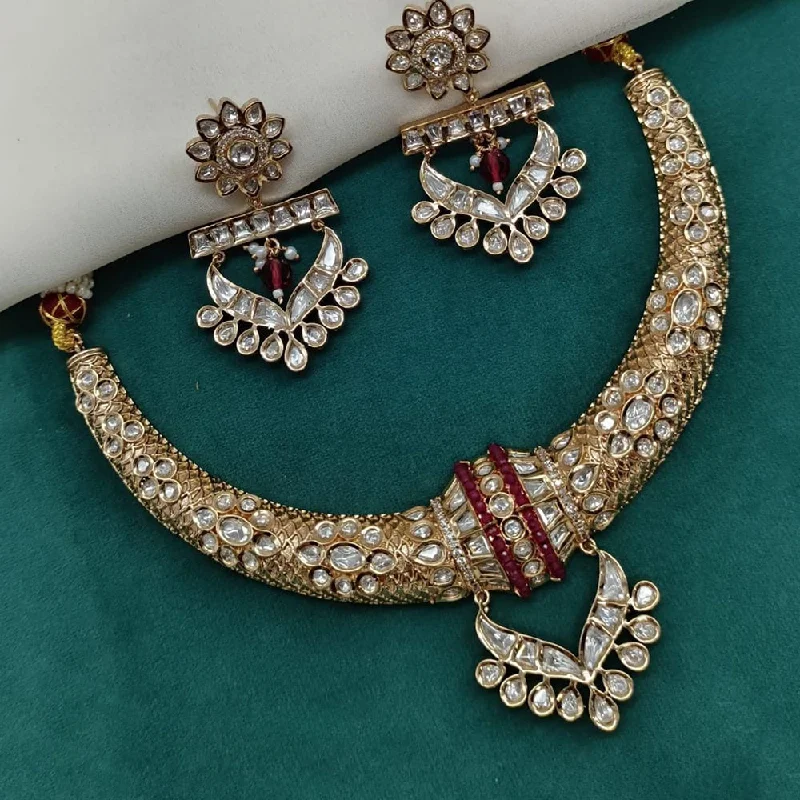 women’s sapphire and diamond necklaces-Shagna Gold Plated Polki Kundan Stone Necklace Set